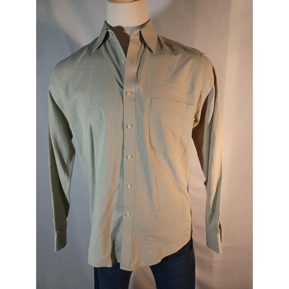 Donna Karan New York Shirt Mens 16 34/35 Beige Stripe Classic Fit Dress Cotton